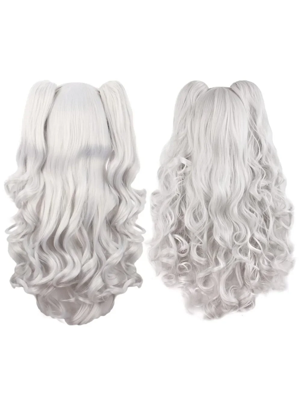 Women's Silver Grey 28 Inch Lolita Long Curly 2 Ponytails Clip On Cosplay Wigs